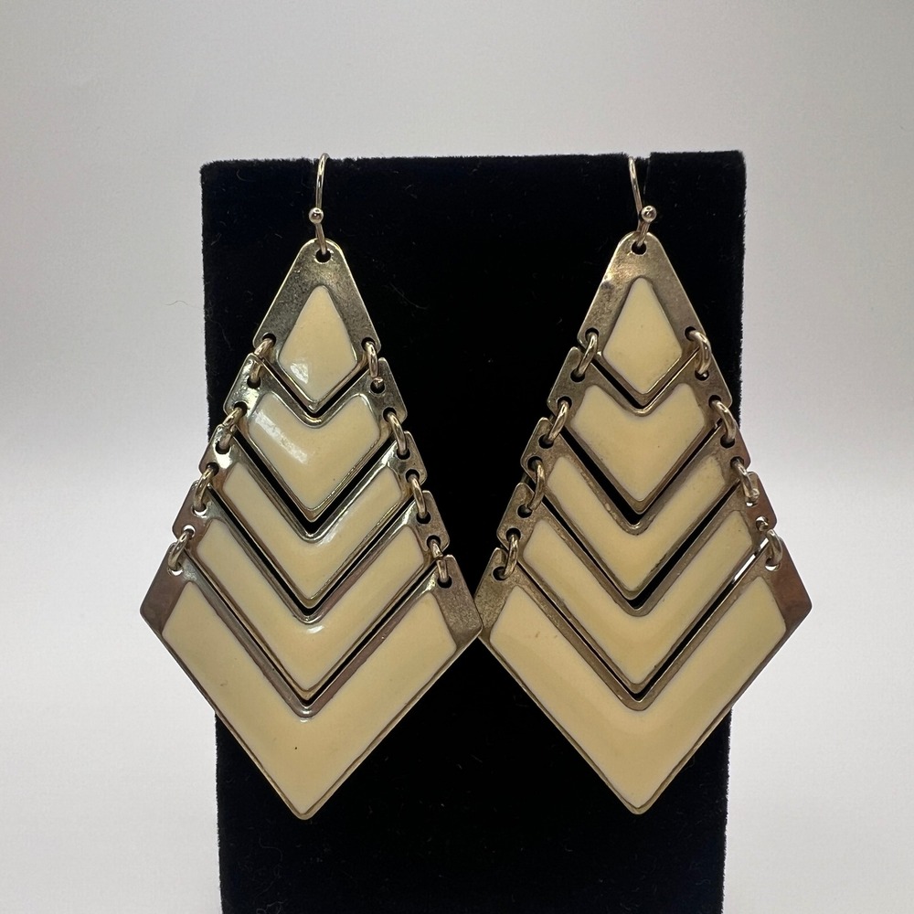 Gold Tone Cream Enamel Tiered Chevron‎ Geometric Diamond Drop Earrings Large
